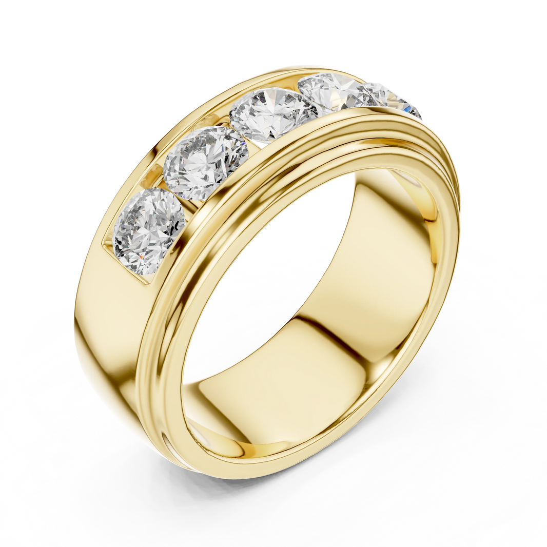 Five Stone Channel Set Moissanite Wide Band in yellow 925 sterling silver, view 2