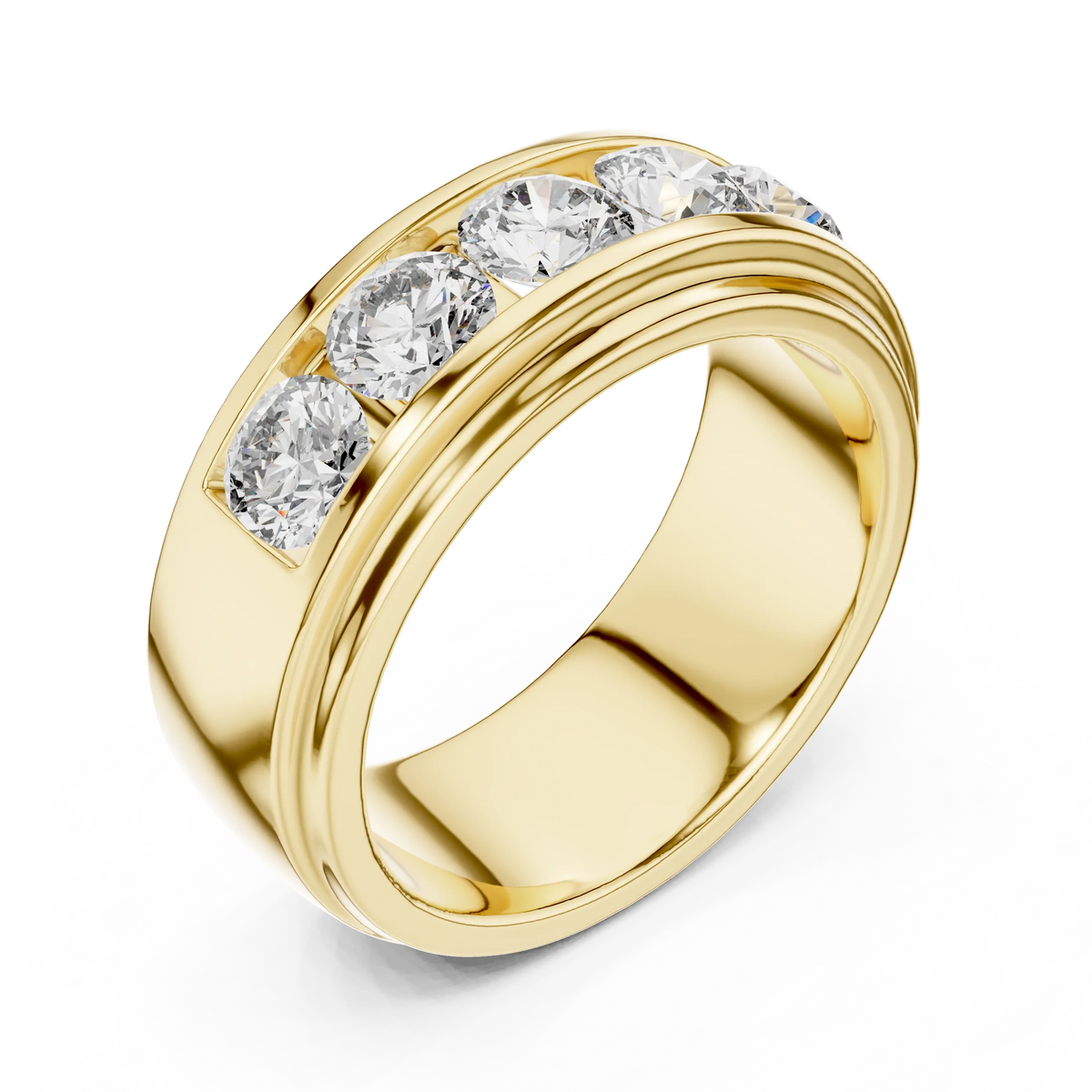 Five Stone Channel Set Moissanite Wide Band in yellow 925 sterling silver, view 2