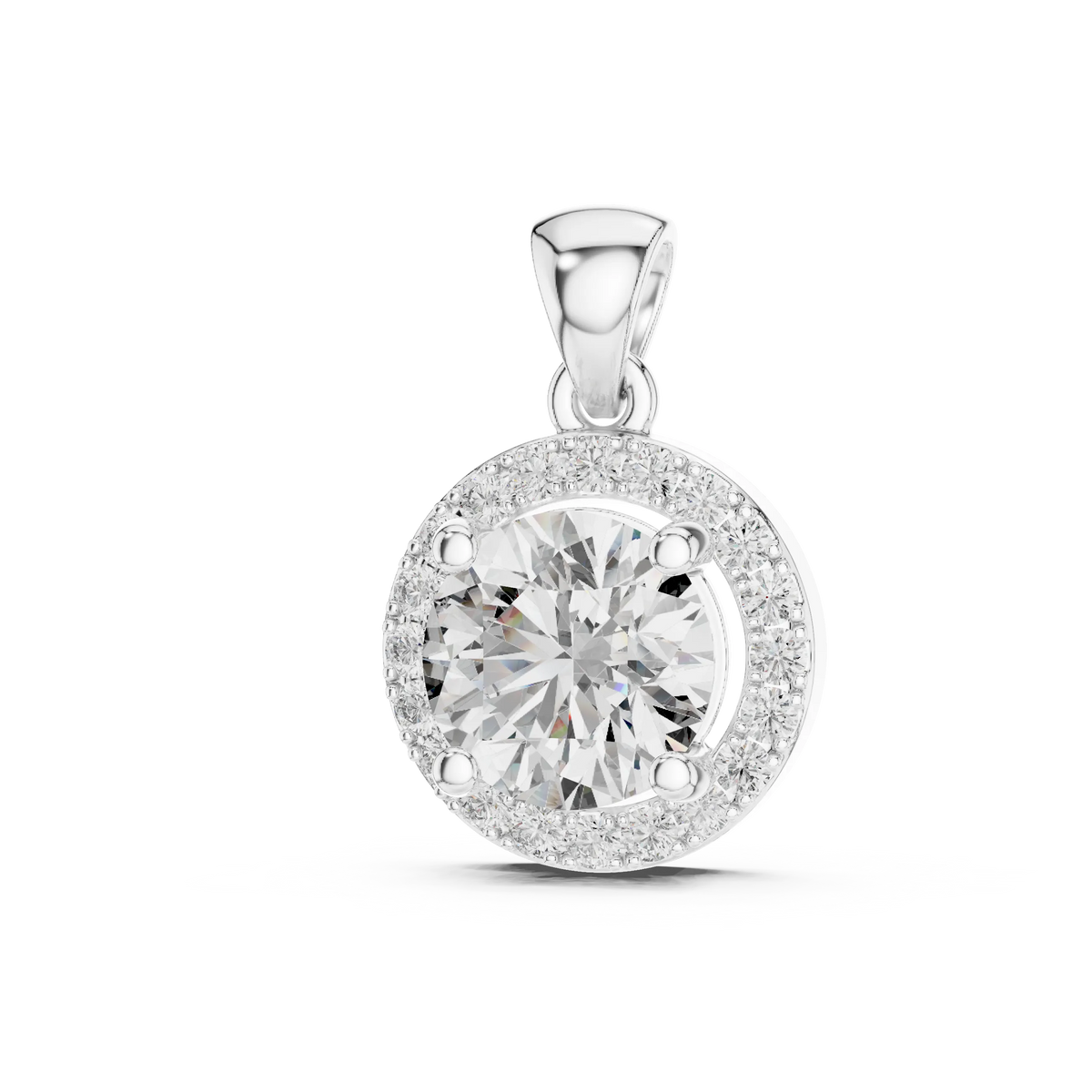 Round Halo Moissanite Pendant in white 925 sterling silver, view 2