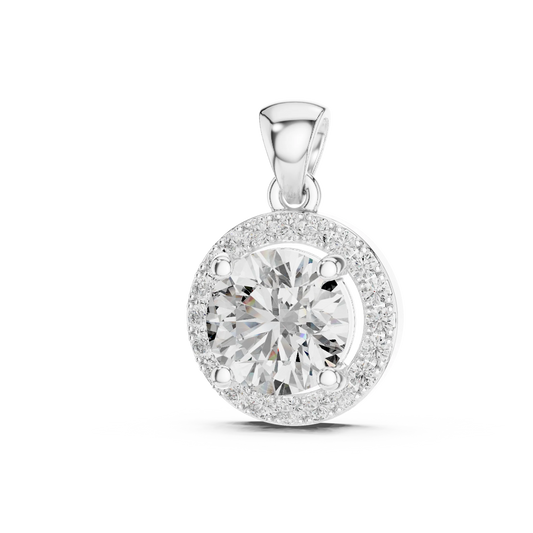 Round Halo Moissanite Pendant in white 925 sterling silver, view 2