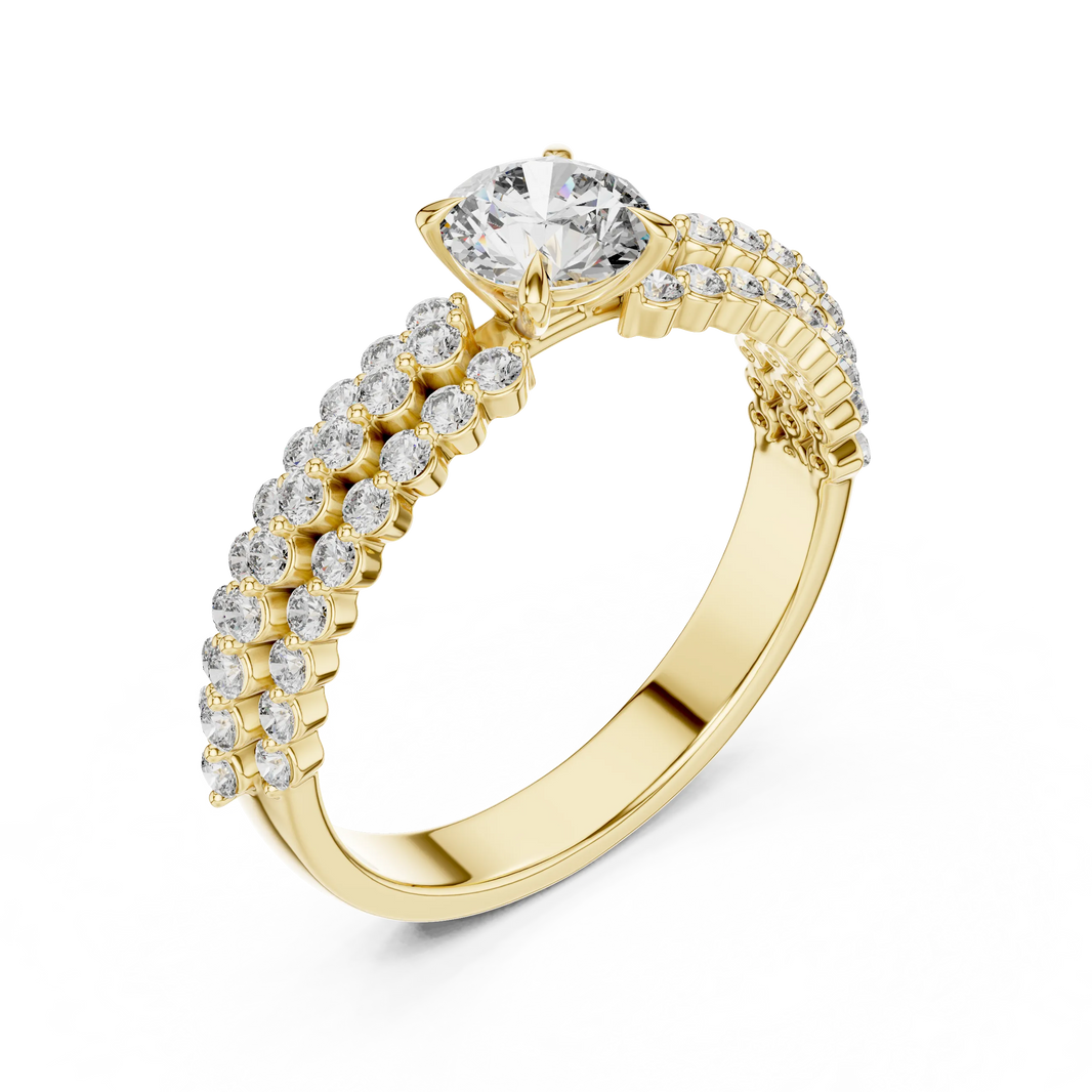 Round Solitaire Moissanite Ring with Double Row Pavé Band in yellow 925 sterling silver, view 2