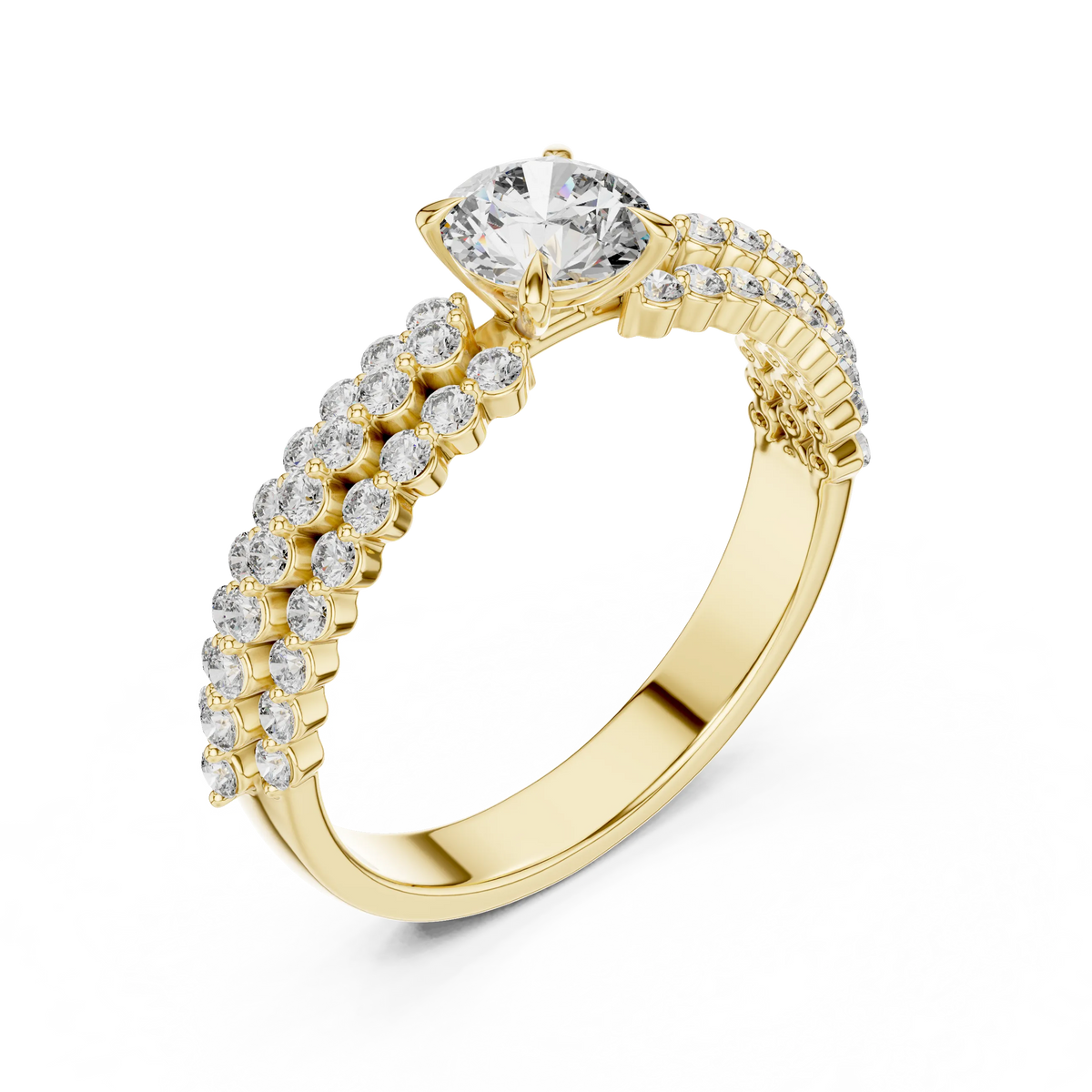 Round Solitaire Moissanite Ring with Double Row Pavé Band in yellow 925 sterling silver, view 2