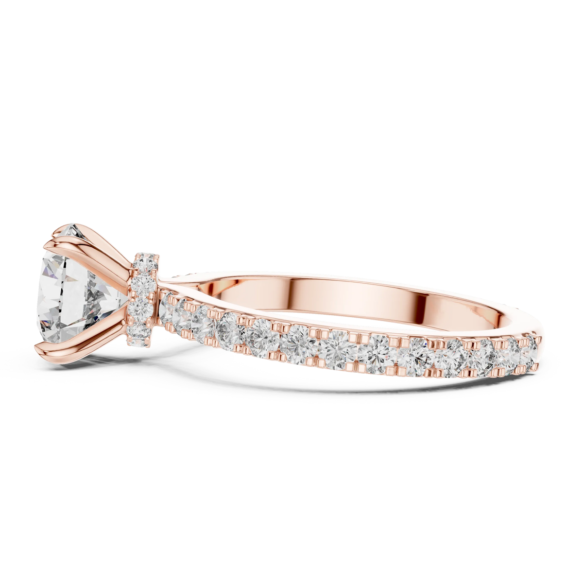 Round Solitaire Moissanite Ring with Hidden Halo and Pavé Band in rose 925 sterling silver, view 3