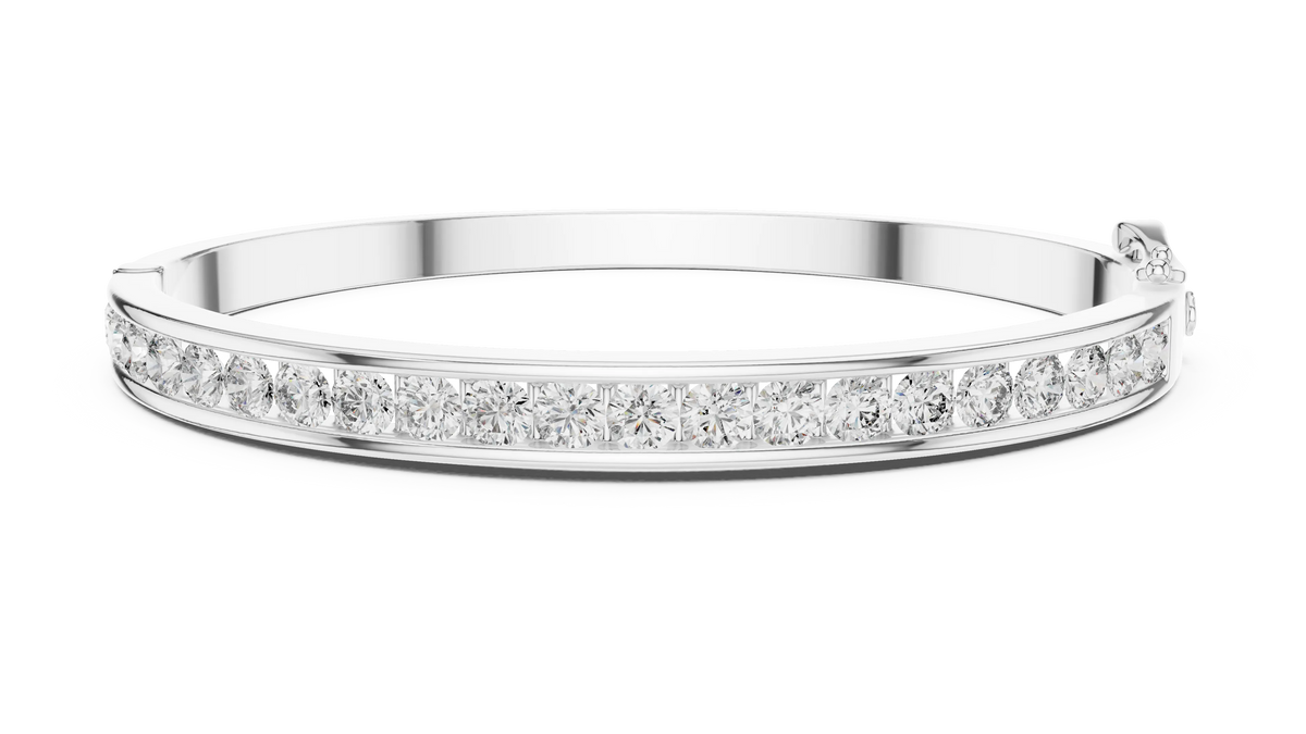 Channel Set Round Moissanite Hinged Bangle in white 925 sterling silver, view 1