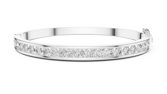 Channel Set Round Moissanite Hinged Bangle in white 925 sterling silver, view 1