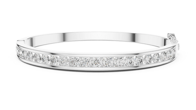 Channel Set Round Moissanite Hinged Bangle in white 925 sterling silver, view 1