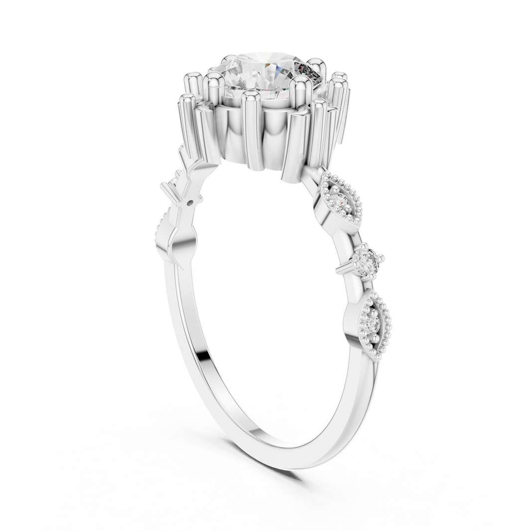 Vintage Solitaire Moissanite Ring with Fleur-de-Lis Accents in white 925 sterling silver, view 1