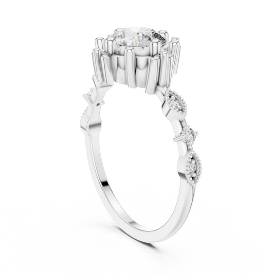 Vintage Solitaire Moissanite Ring with Fleur-de-Lis Accents in white 925 sterling silver, view 1
