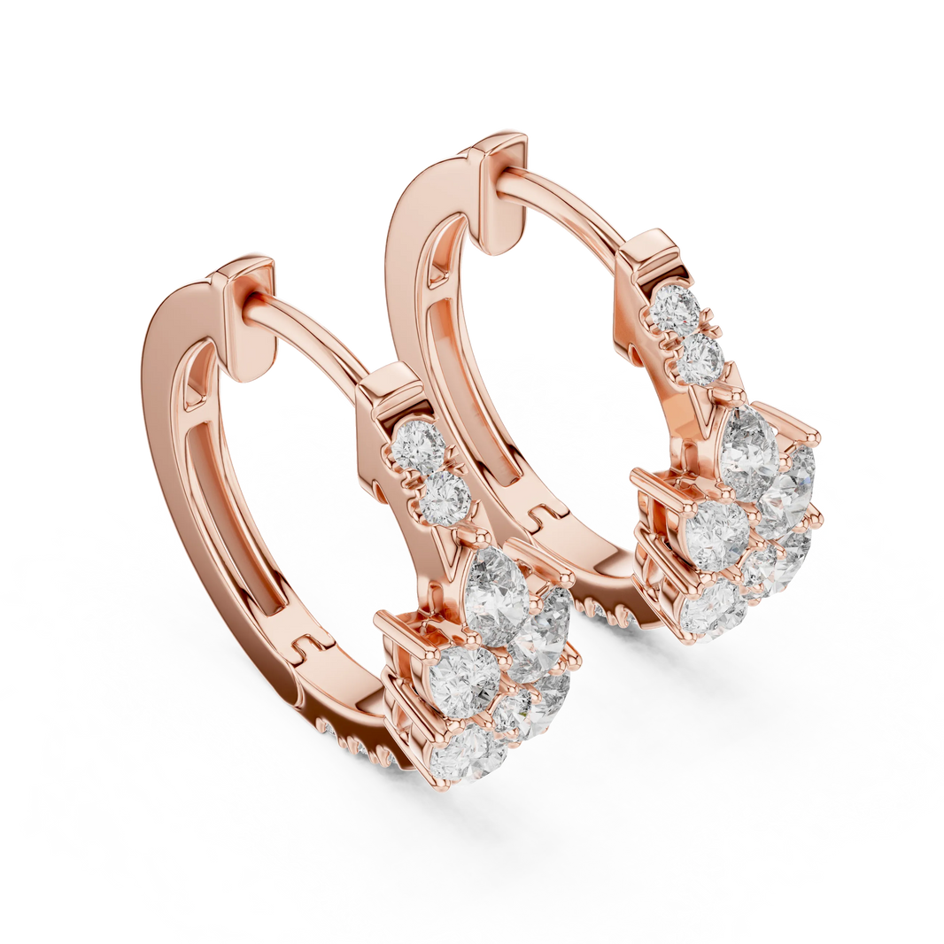 Pear moissanite cluster huggie hoop earrings in rose 925 sterling silver, view 2