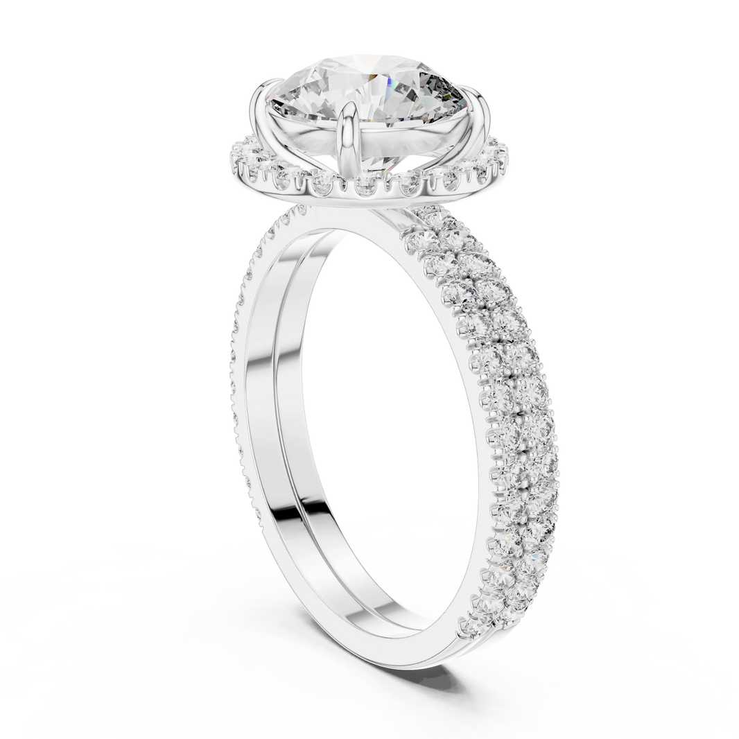 Round Halo Moissanite Engagement Ring with Pavé Band in white 925 sterling silver, view 1