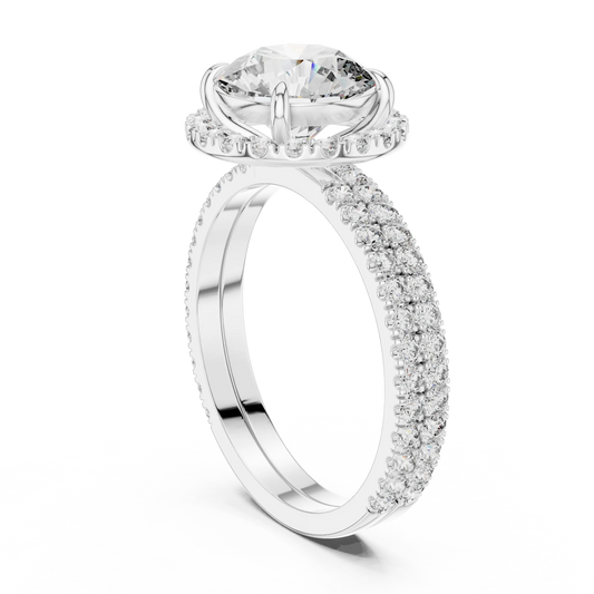 Round Halo Moissanite Engagement Ring with Pavé Band in white 925 sterling silver, view 1
