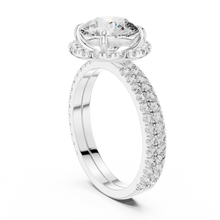 Round Halo Moissanite Engagement Ring with Pavé Band in white 925 sterling silver, view 1