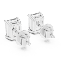 Emerald moissanite stud earrings in white 925 sterling silver, four-prong basket, view 3