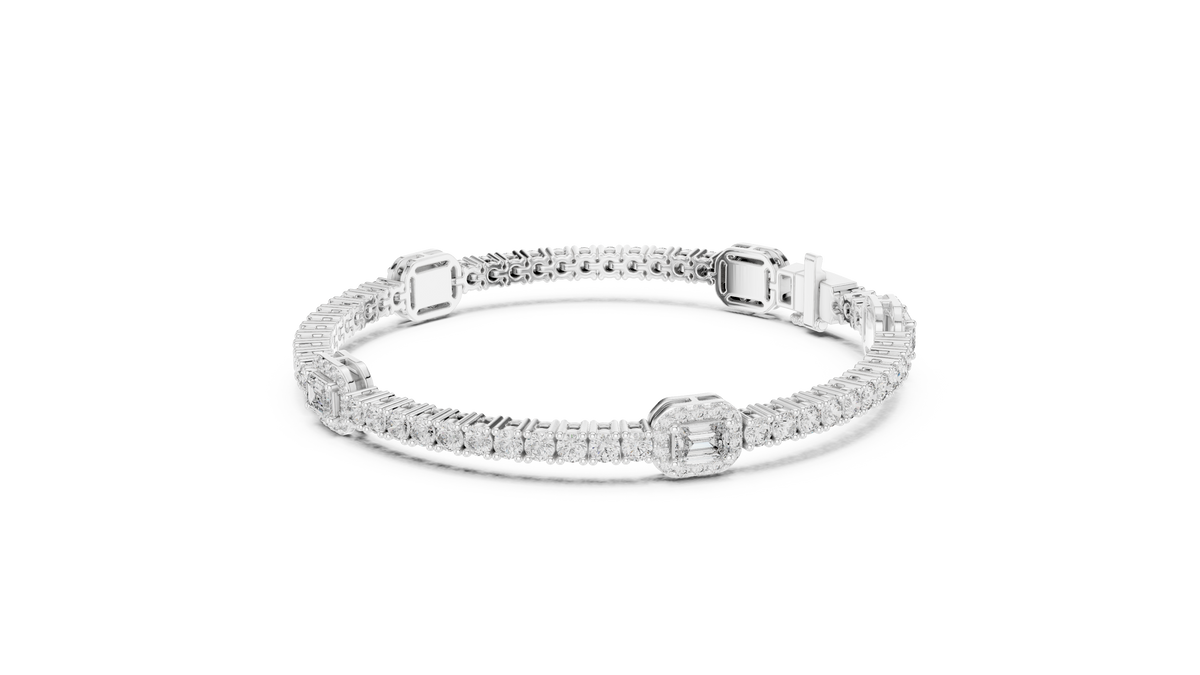 Emerald Halo Station Round Moissanite Tennis Bracelet in white 925 sterling silver, view 2