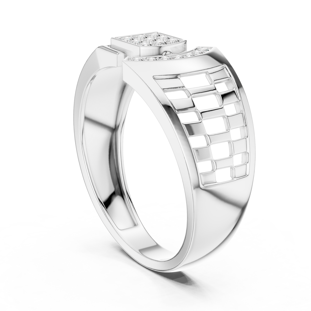 Men's Square Pavé Panel Asymmetric Moissanite Band in white 925 sterling silver, view 1