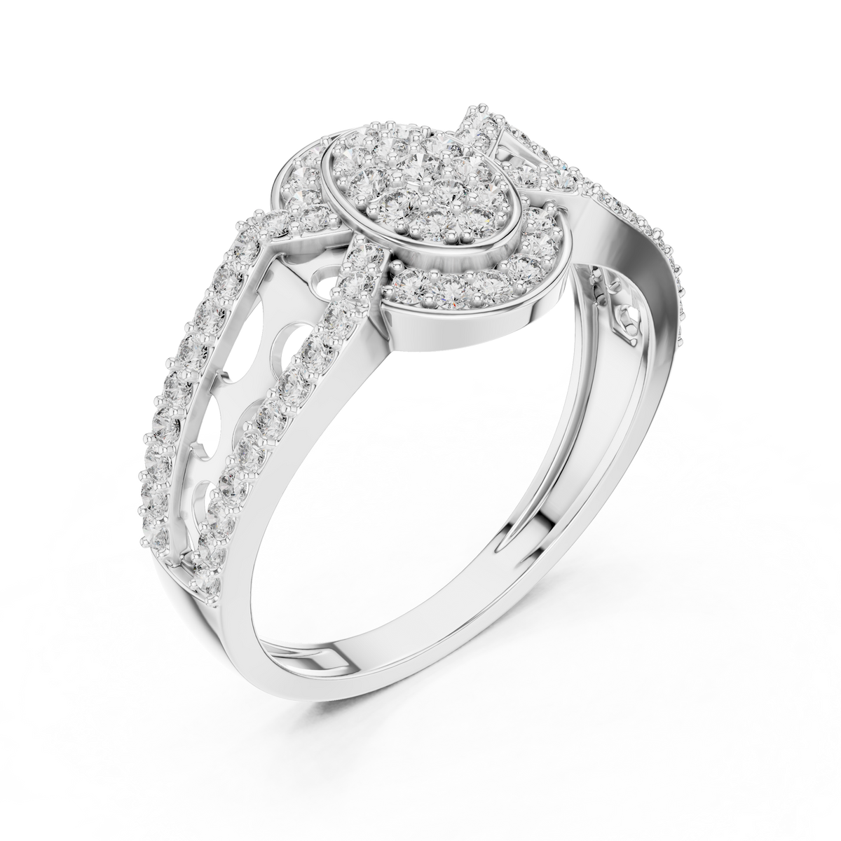 Oval Cluster Halo Moissanite Ring with Split Pavé Shank in white 925 sterling silver, view 2