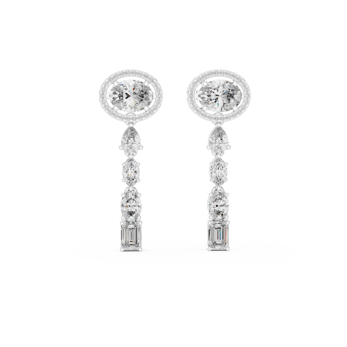 Oval Halo Mixed Shape Moissanite Line Drop Earrings in white 925 sterling silver, view 4