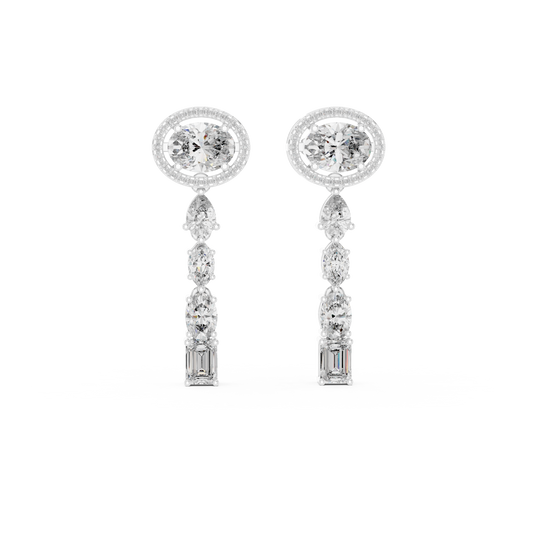 Oval Halo Mixed Shape Moissanite Line Drop Earrings in white 925 sterling silver, view 4