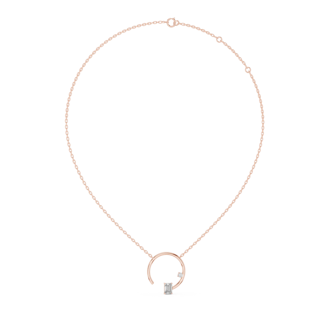 Open Circle Emerald Cut Moissanite Pendant in rose 925 sterling silver, view 1