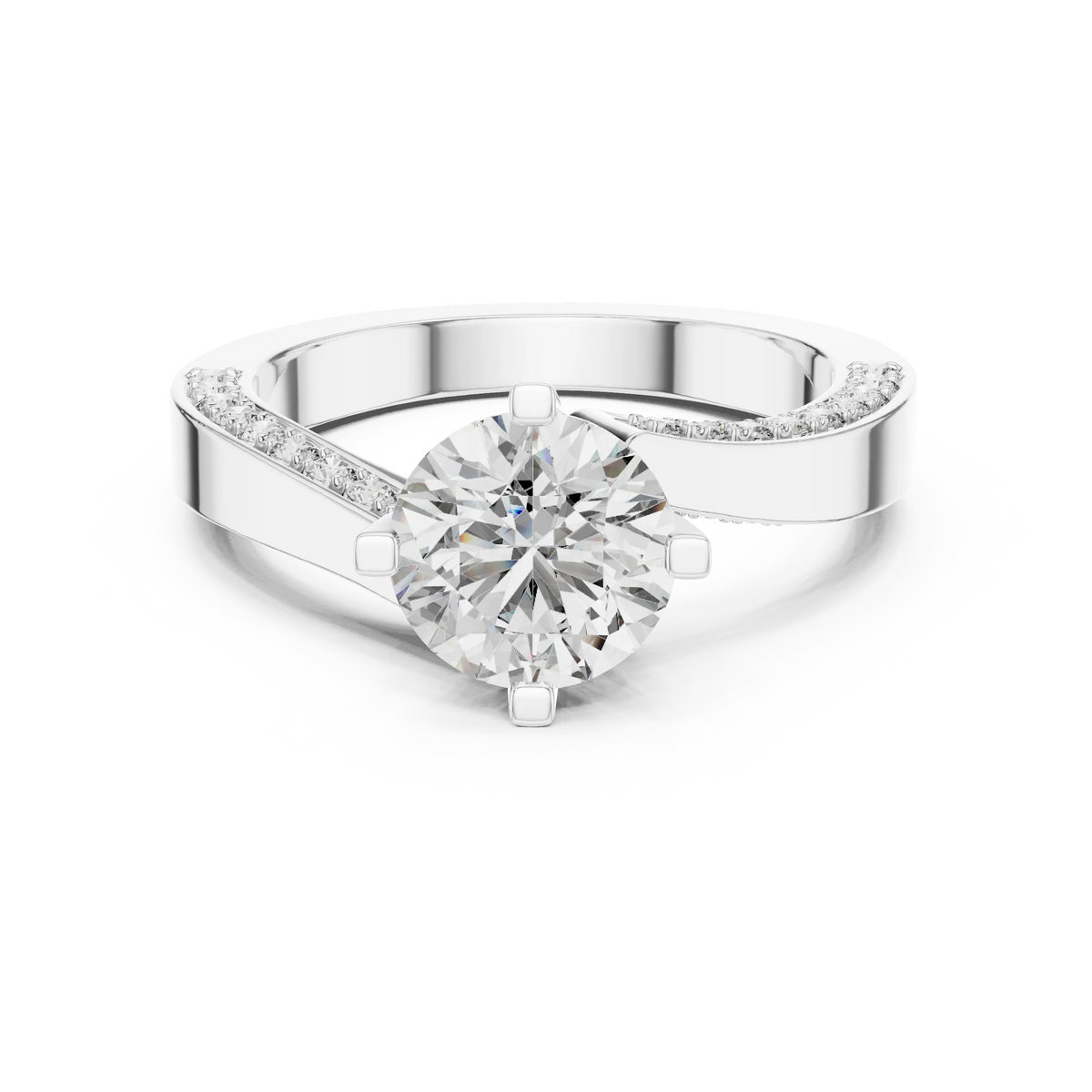 Round Solitaire Moissanite Ring with Pavé Cathedral Shank in white 925 sterling silver, view 4
