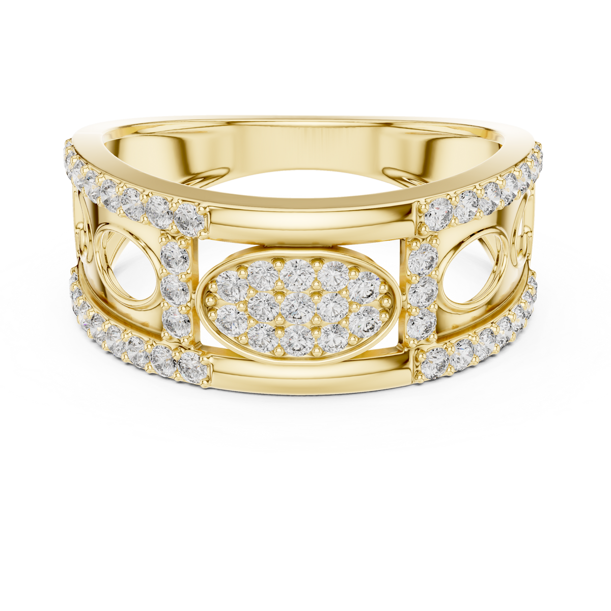 Oval Pavé Cluster Openwork Moissanite Statement Band in yellow 925 sterling silver, view 4