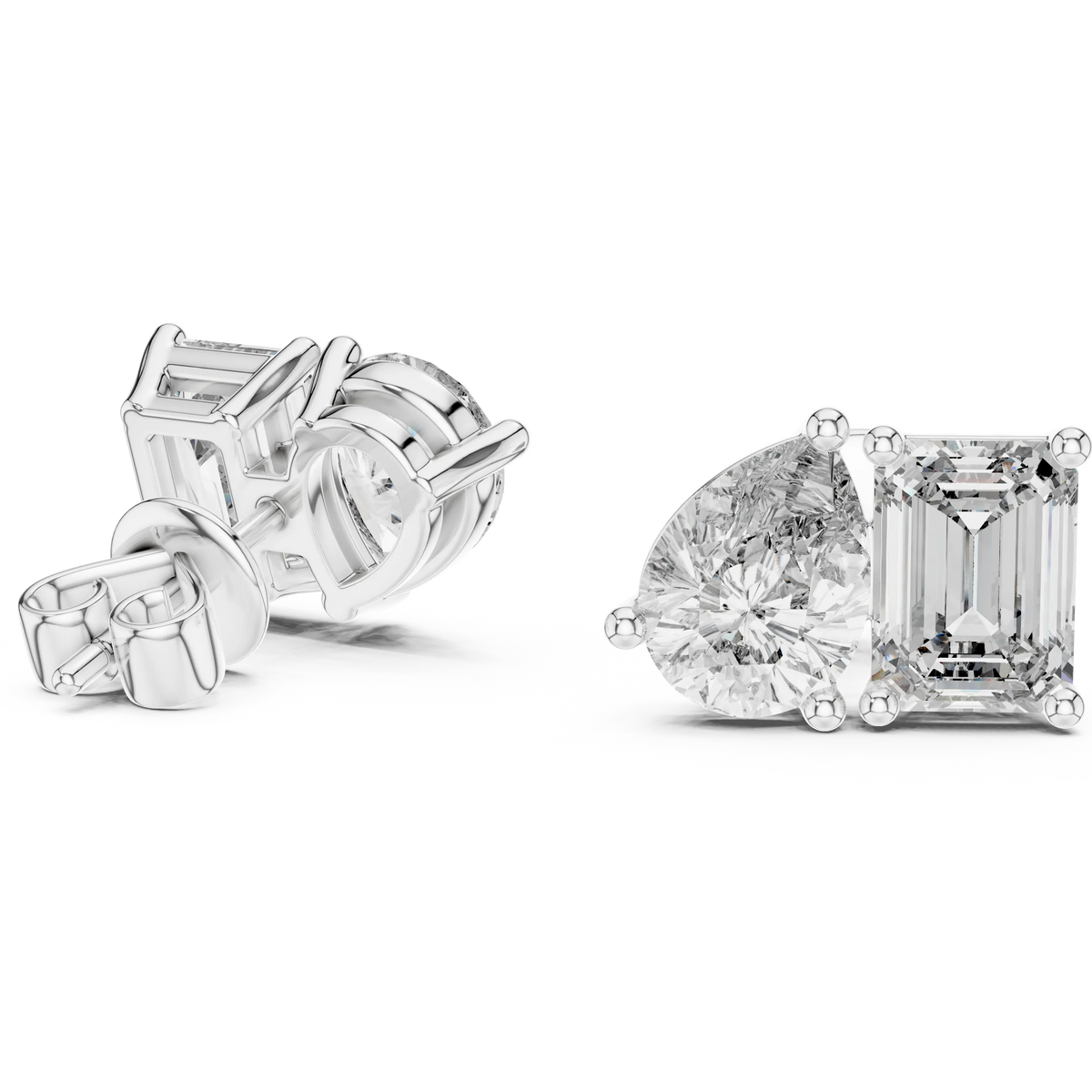 Pear and emerald moissanite toi et moi stud earrings in white 925 sterling silver, view 1