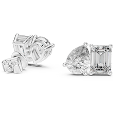 Pear and emerald moissanite toi et moi stud earrings in white 925 sterling silver, view 1