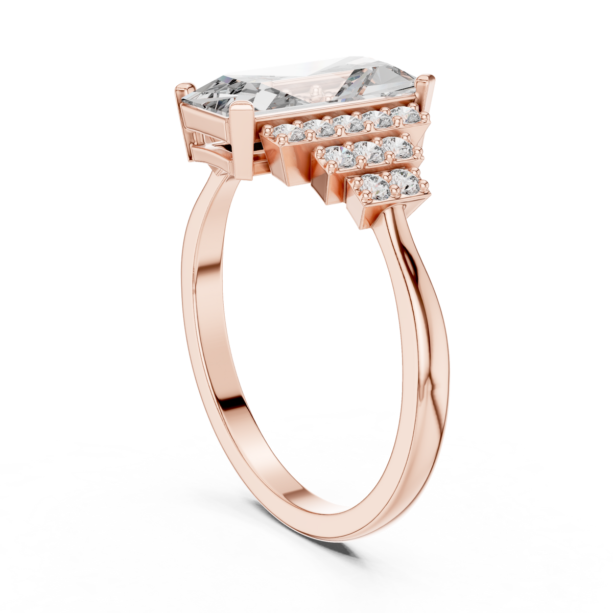 Elongated Emerald Cut Art Deco Moissanite Ring in rose 925 sterling silver, view 1