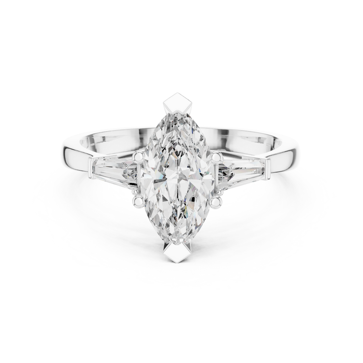 Marquise Moissanite Ring with Tapered Baguette Sides in white 925 sterling silver, view 4