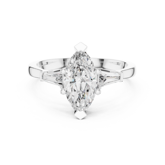Marquise Moissanite Ring with Tapered Baguette Sides in white 925 sterling silver, view 4