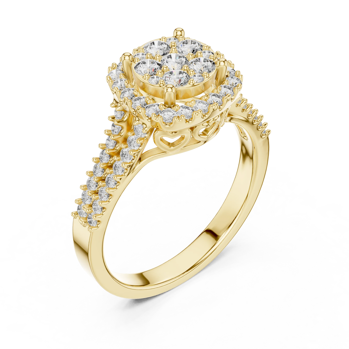 Round Cluster Halo Moissanite Ring with Split Pavé Shank in yellow 925 sterling silver, view 2