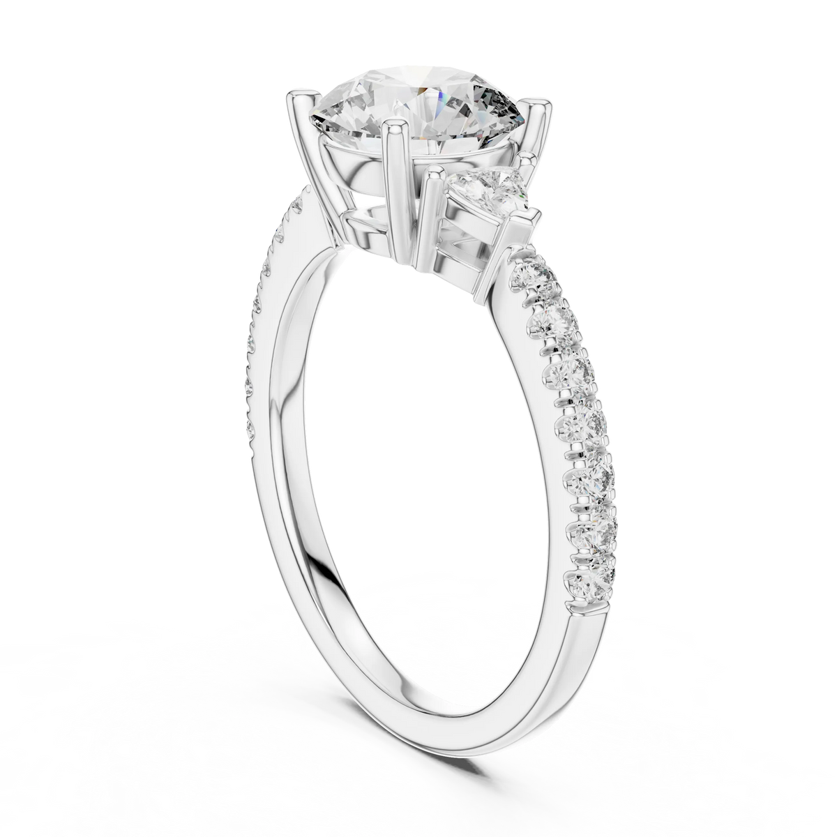 Round Moissanite Ring with Trillion Sides and Pavé Band in white 925 sterling silver, view 1