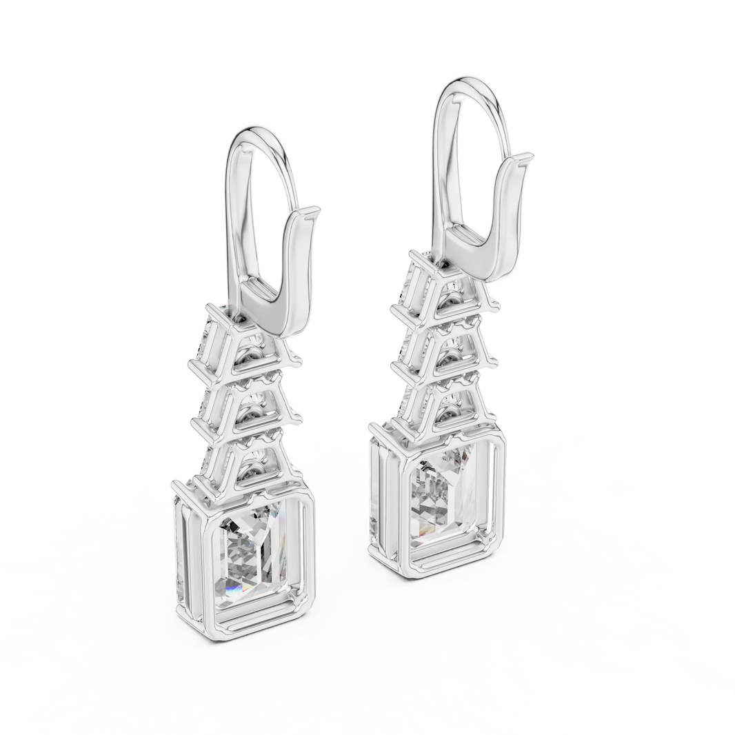 Emerald cut moissanite drop earrings in white 925 sterling silver, view 3