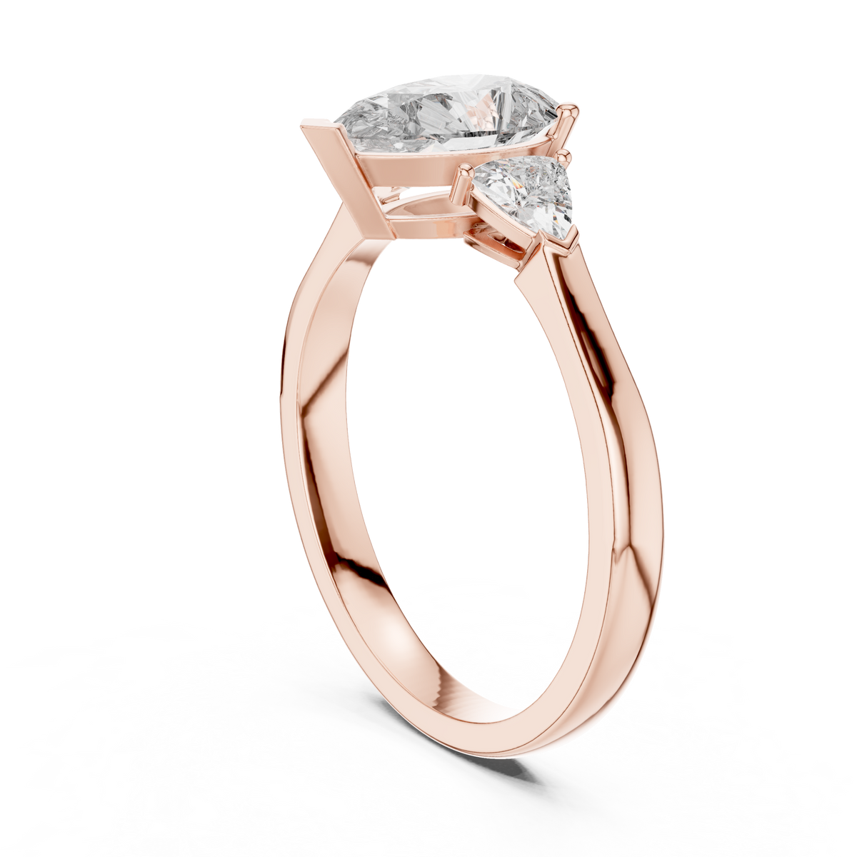 Pear and Trillion Three Stone Moissanite Ring in rose 925 sterling silver, view 1