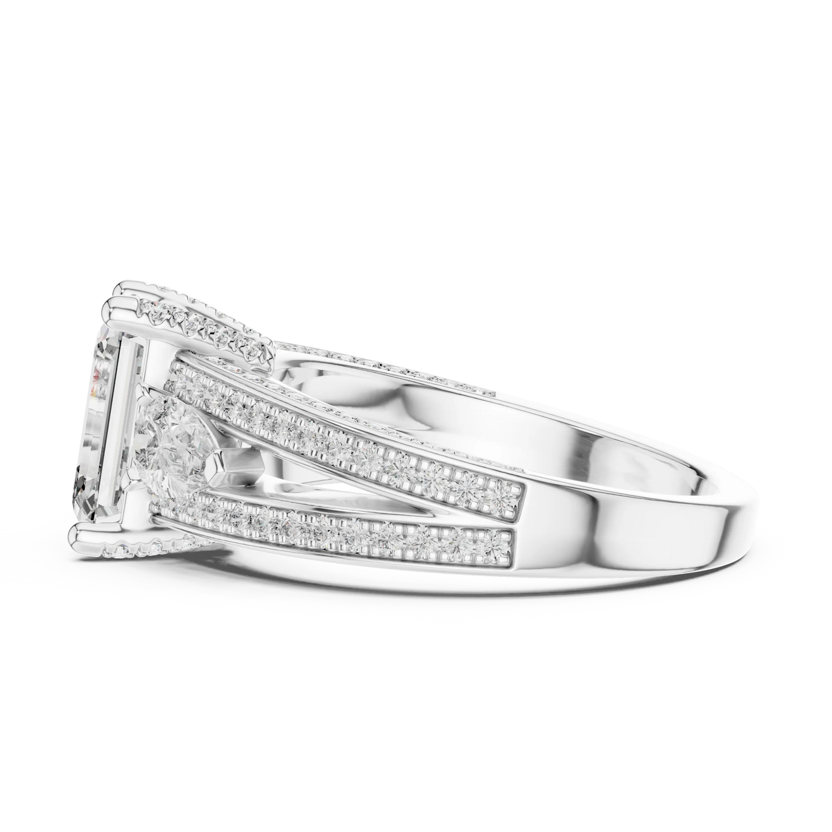 Emerald Cut Moissanite Ring with Pear Sides and Split Pavé Shank in white 925 sterling silver, view 3
