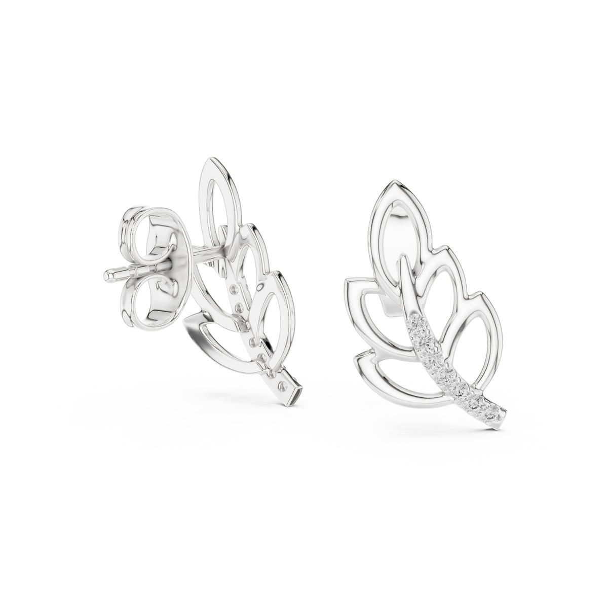 Moissanite Leaf Branch Stud Earrings in white 925 sterling silver, view 1