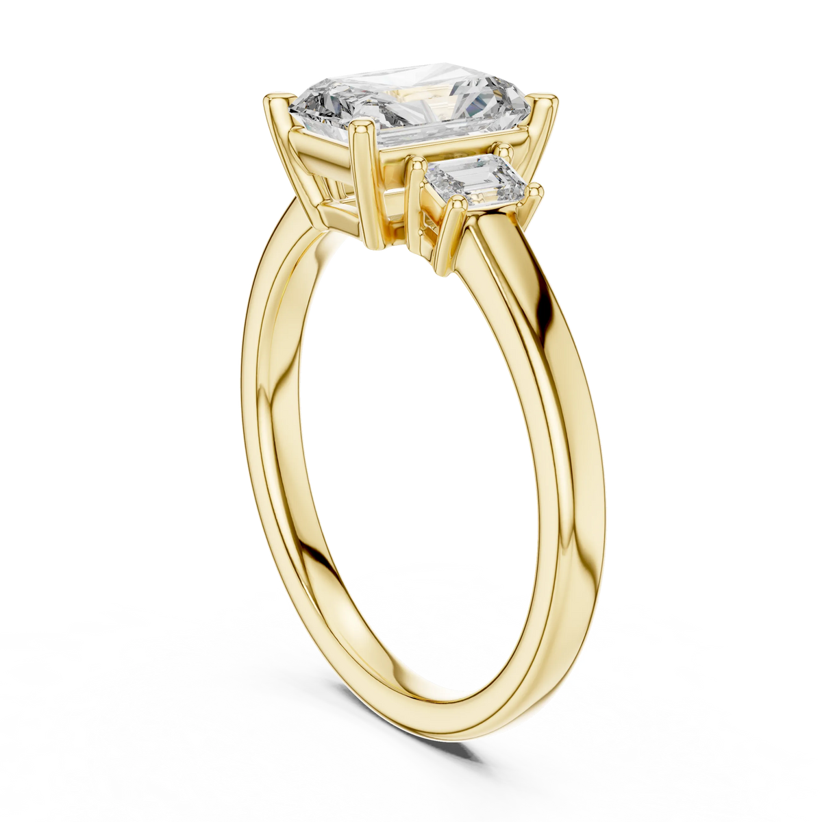 Radiant Cut Moissanite Ring with Baguette Side Stones in yellow 925 sterling silver, view 1