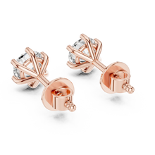 Round moissanite six-prong stud earrings in rose 925 sterling silver, view 3