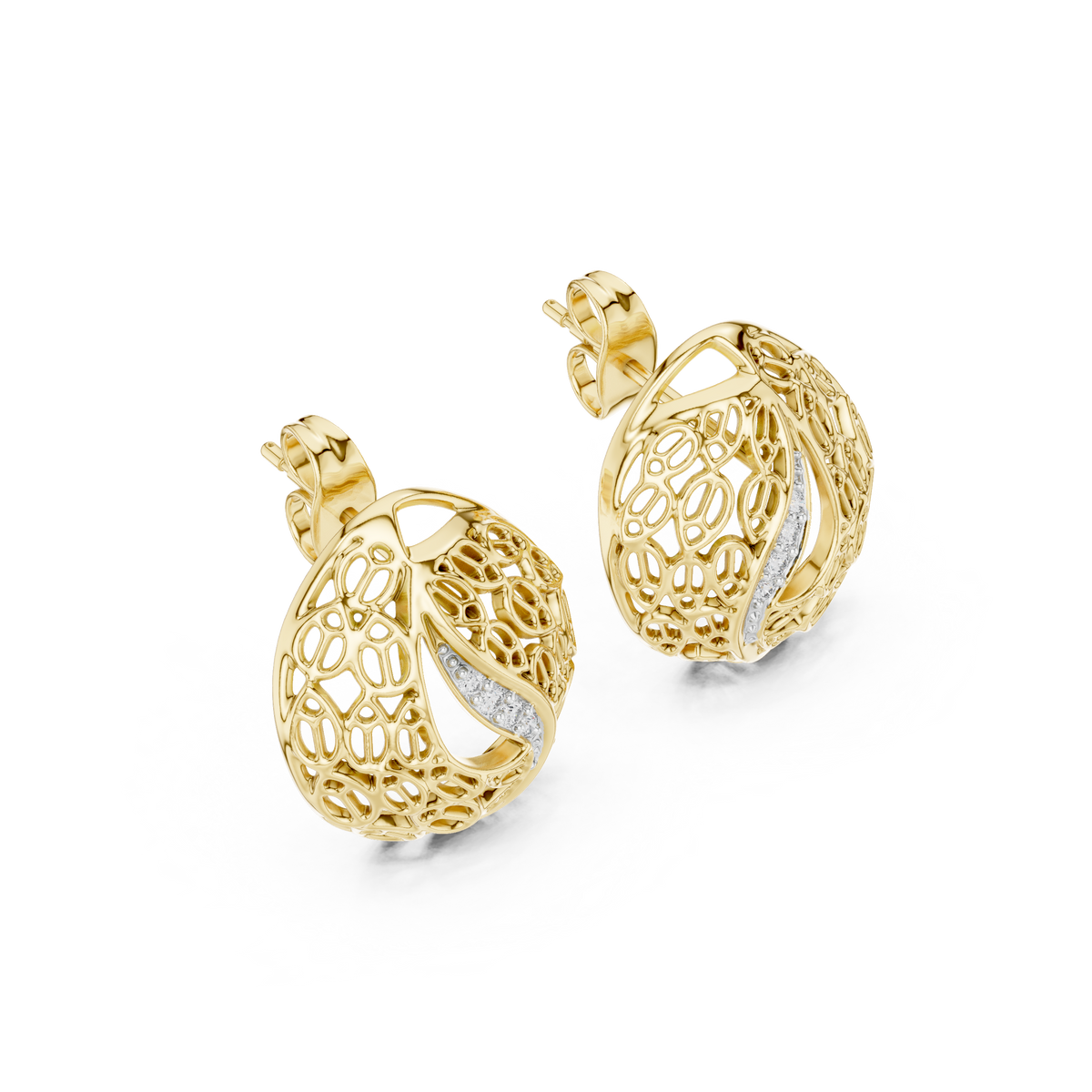 Moissanite Filigree Dome Stud Earrings in yellow 925 sterling silver, view 2