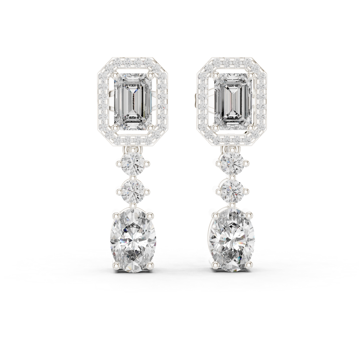 Emerald Halo Moissanite Oval Drop Earrings in white 925 sterling silver, view 1