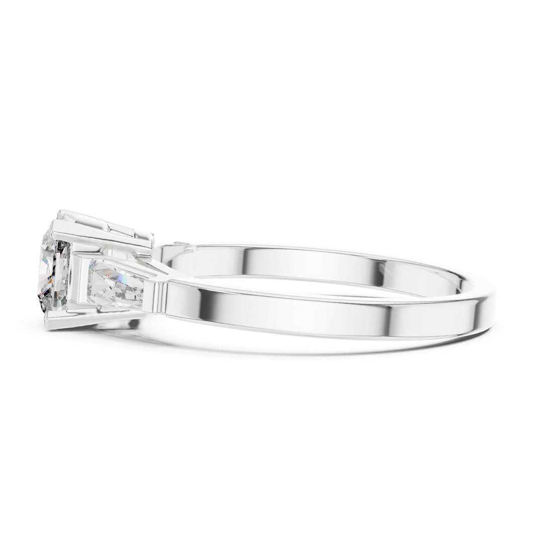 Cushion Cut Moissanite Ring with Tapered Baguette Sides in white 925 sterling silver, view 3