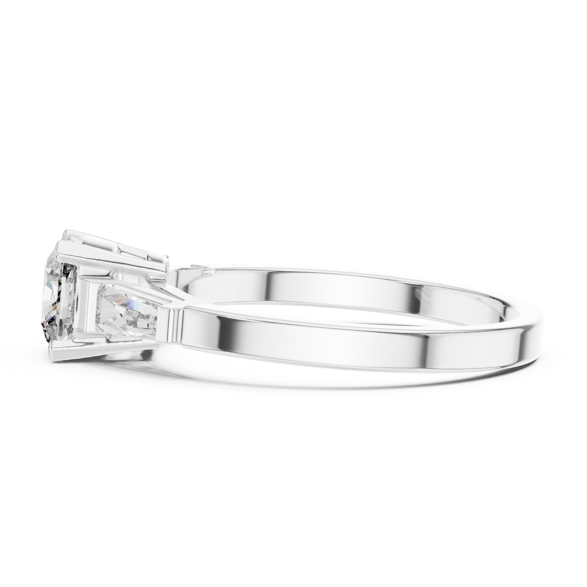 Cushion Cut Moissanite Ring with Tapered Baguette Sides in white 925 sterling silver, view 3