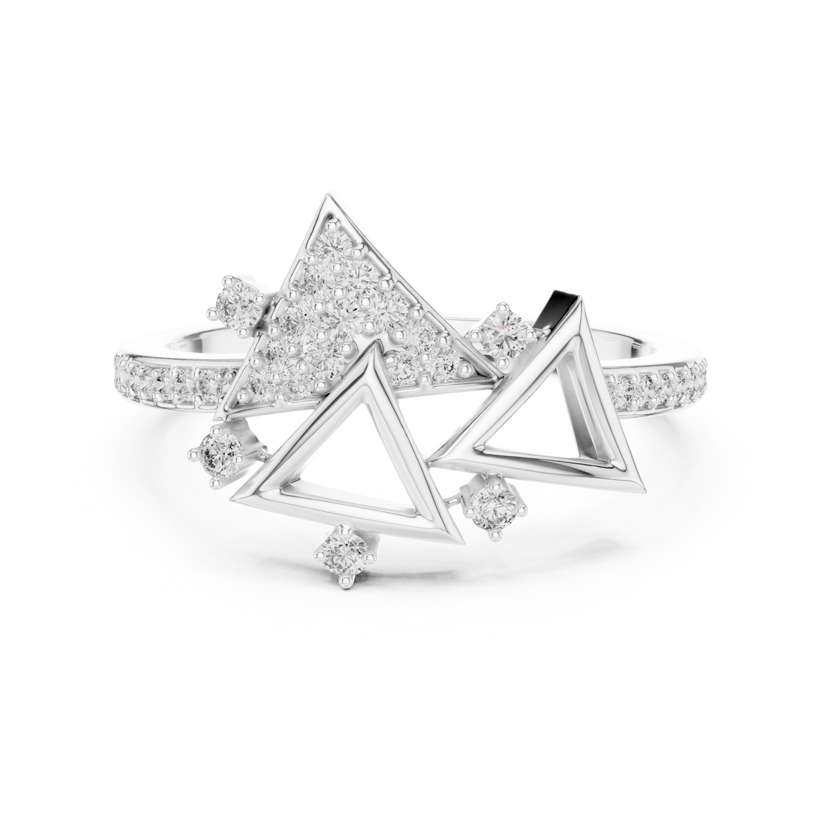 Geometric Triangle Pavé Moissanite Cocktail Ring in white 925 sterling silver, view 4