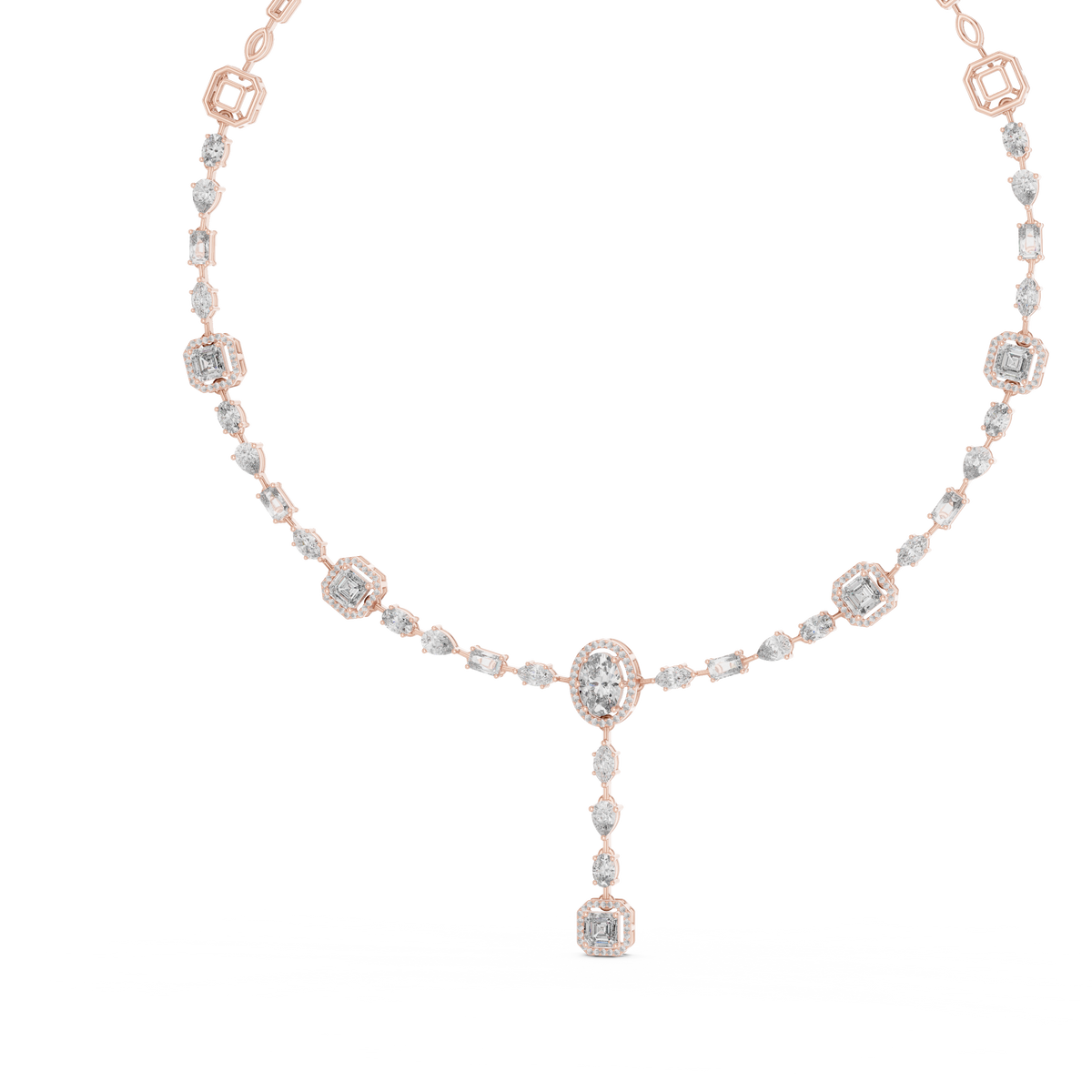 Halo Emerald Station Y Drop Necklace in rose 925 sterling silver, view 2