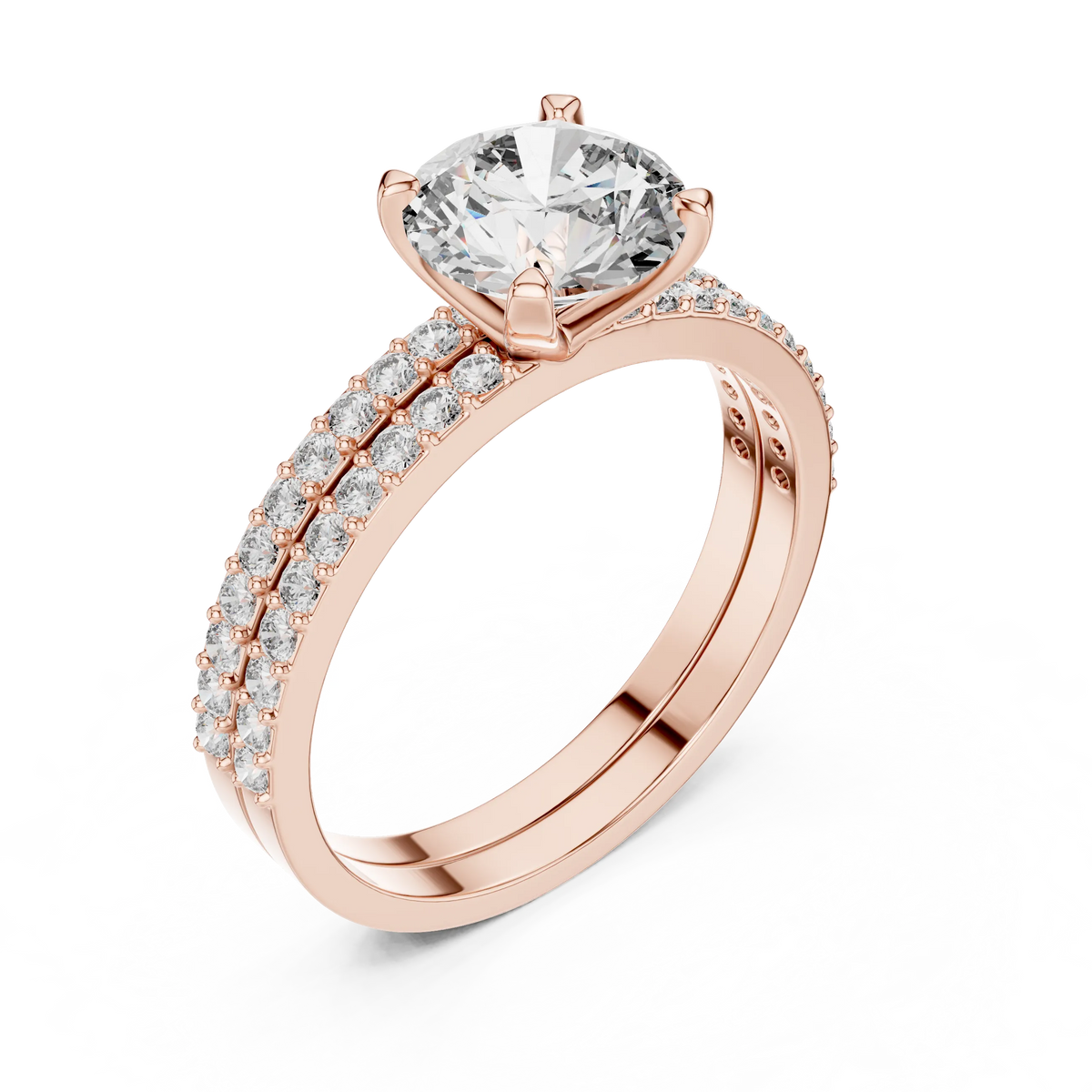Round Solitaire Moissanite Ring with Double Pavé Band in rose 925 sterling silver, view 2
