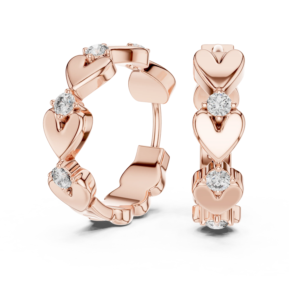 Moissanite heart huggie hoop earrings in rose 925 sterling silver, view 1