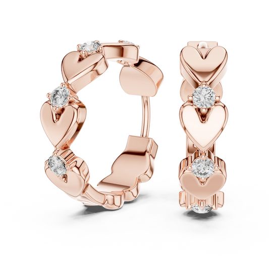 Moissanite heart huggie hoop earrings in rose 925 sterling silver, view 1