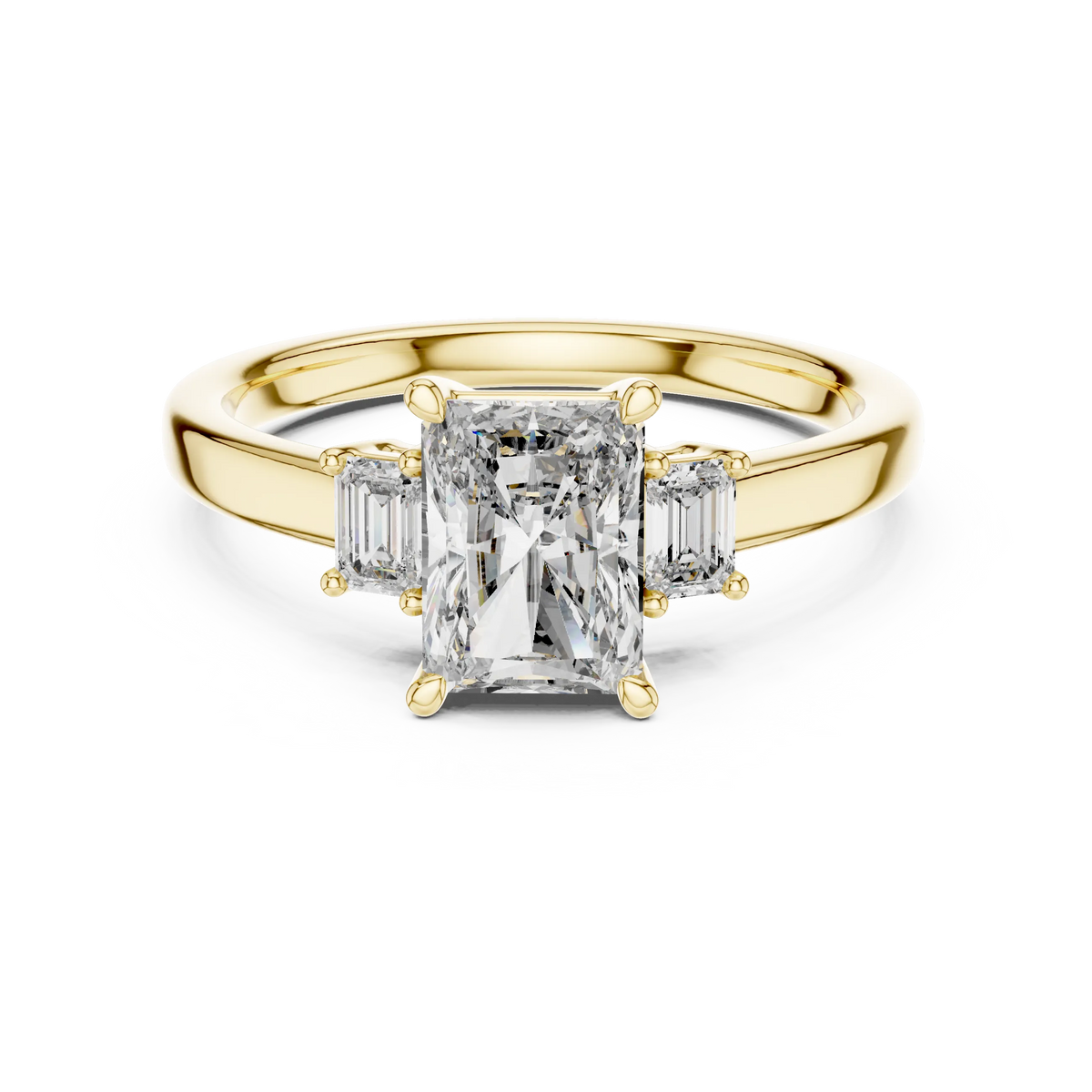 Radiant Cut Moissanite Ring with Baguette Side Stones in yellow 925 sterling silver, view 4