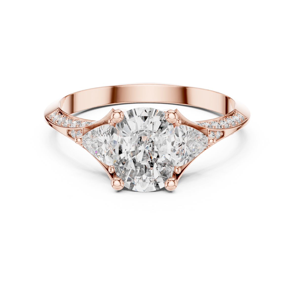 Elongated Cushion and Curved Trillion Moissanite Ring with Pavé Split Shoulders in rose 925 sterling silver, view 4
