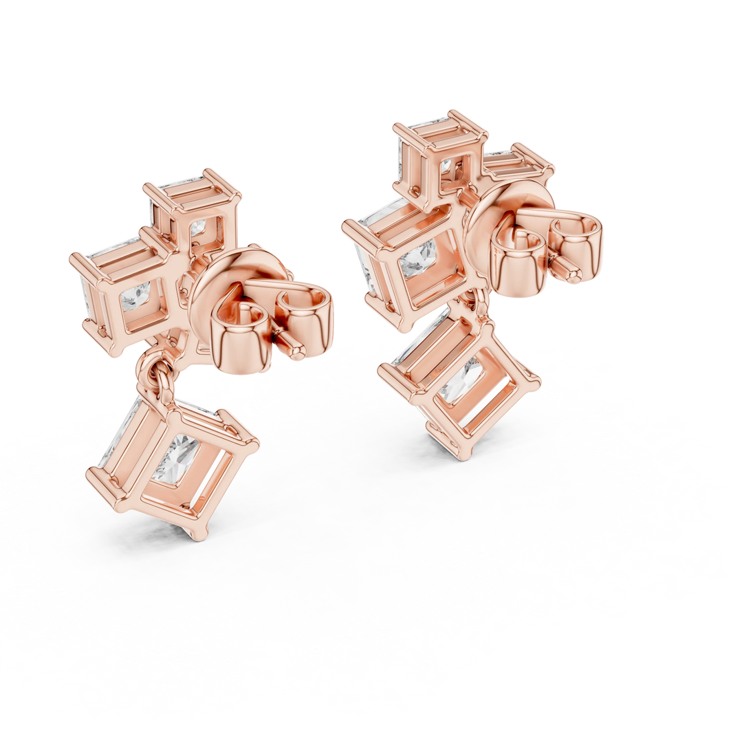 Princess cut moissanite cluster drop earrings in rose 925 sterling silver, view 3